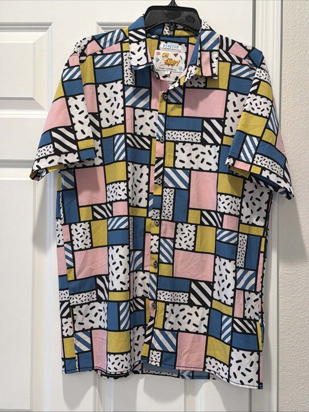 OH SNAP Drill Clothing Memphis Print Button Shirt Retro Geometric Stretch 90s L